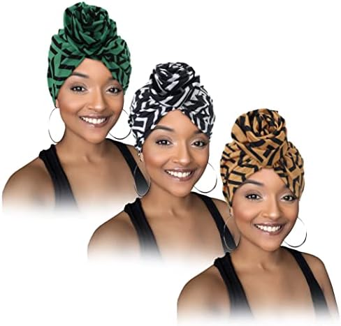 Urieo Africano Turbano Headwrap Feanie Cabeça envolve lenço de cabeça pré-amarrado para mulheres pacote de 3