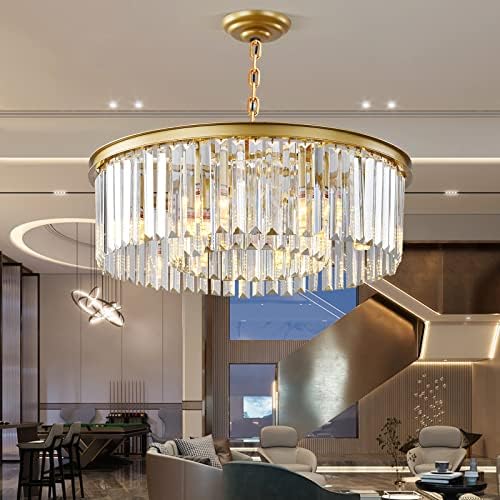 Lustre de cristal moderno laiuetai dourado, luminárias de teto de montagem robusta de duas camadas iluminação pingente ajustável para sala de jantar quarto de cozinha quarto hall de cozinha