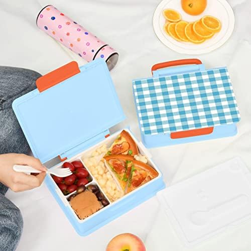 Kigai Blue Checked Pattern Lanch Box Recipiente de 1000ml Bento Caixa com Spoon Forks 3 Compartamentos Recipientes de Armazenamento de Alimentos Para Adultos, Azul