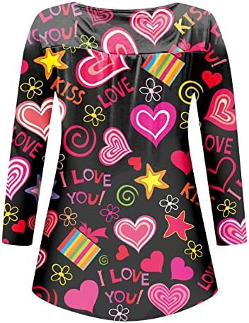 Túnica de túnica do coração feminino para usar com leggings Botão gráfica fofa Button-up v pescoço de manga longa camiseta