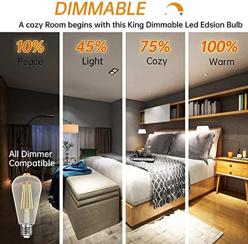 Batklumi LED Edison Bulbos Luz: Dimmível 8W equivalente a 60 watts E26 Lâmpadas de Edison 5000k Branco brilhante com mais de 80 lâmpadas vintage do Cri Filamento ST19/ST58 para casa externa em casa 6packs Indoor 6Packs