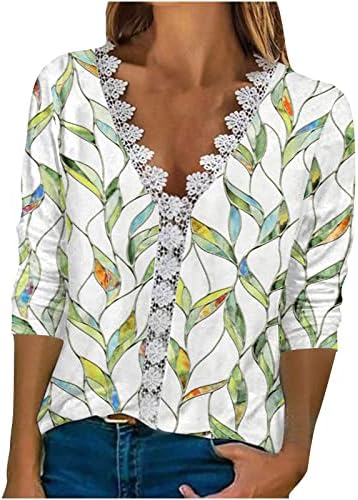 Túnica casual para mulheres vestidos vases de pescoço de arco de renda camiseta moderna estampada floral 3/4 mangas blusa camisas de verão