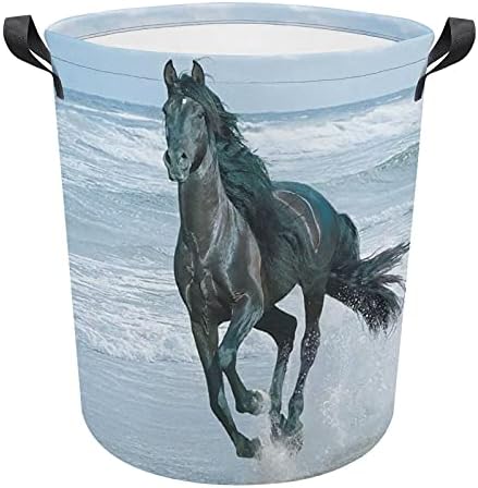 Foduoduo Cesta de lavanderia Black Horse Run On Sea Laundry Horse com Handles Turmper Turmper Dirty Roupas Saco de armazenamento