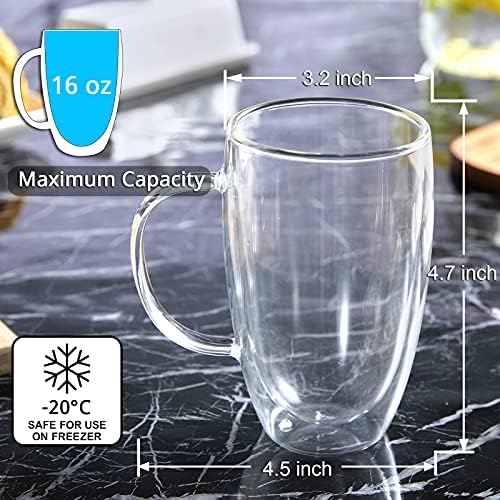 Canecas de café de vidro de parede dupla Conjunto de caneca de café isolada de 2, 16 oz com alça, xícaras de café com vidro de vidro de borossilicato transparentes para cappuccino, chá, leve e microondas, presente ideal para o Natal para o Natal