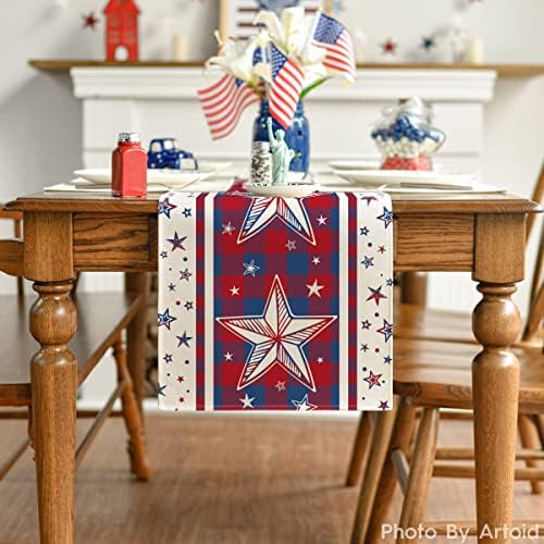 Modo Artóide Buffalo Plaid Stars 4 de julho Table Runner, Patriótico Memorial Day Kitchen Dining Table Decoration for Home Party Decor 13x72 polegadas