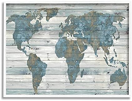 Stuell Industries Slore Blue e Tan Rustic Planked Look Weathed Mapa, Design de Jamie MacDowell White emoldurou arte da parede,