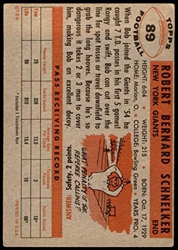 1956 Topps 89 Bob Schnelker New York Giants-FB Good Giants-FB Bowling Green