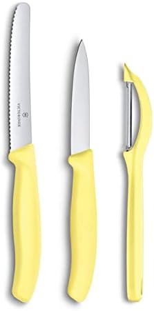 Victorinox Carbon Steel Swiss Classic Trend Colors Special Edition Conjunto de 2 facas de cozinha e 1 descascador, 11 cm de ondulação e facas de borda reta de 8 cm com um descascador de legumes - limão, suíço feito