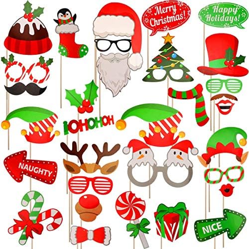 Adeços de cabine de fotos de Natal 32pcs （versão atualizada）, Feliz Christmas Party Pose Sign, Red e Green Christmas