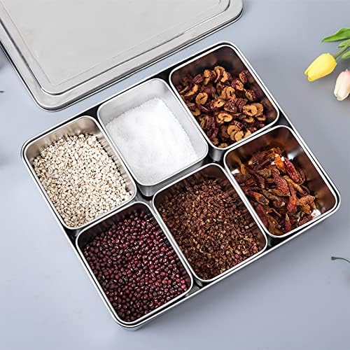 Caixa de tempero de aço inoxidável com tampa e bandeja de suporte, 6 Compartimentos Retângulo Masala Dabba Spice Recurter,