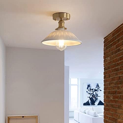 Luz de teto de montagem semi -descarregada Elksdut, luz moderna do teto com sombra de cerâmica e camada de base de metal de