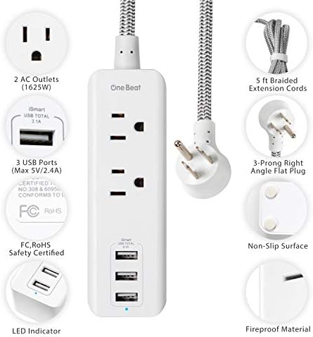 Surge Protector Power Strip com pacote de portas USB, cabo de extensão Flat Plug com lojas CA para casa, viagens,