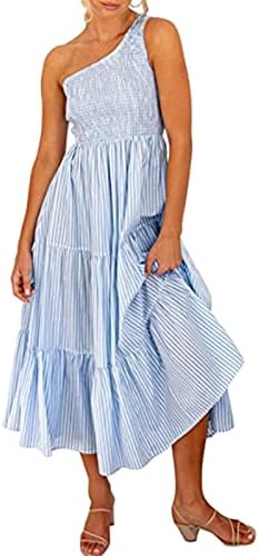 Mulheres One ombro Midi Long Dress Summer Casual Casual A-Line Swing Ruffle Ruffle Party Party Flowy Sundress vestidos