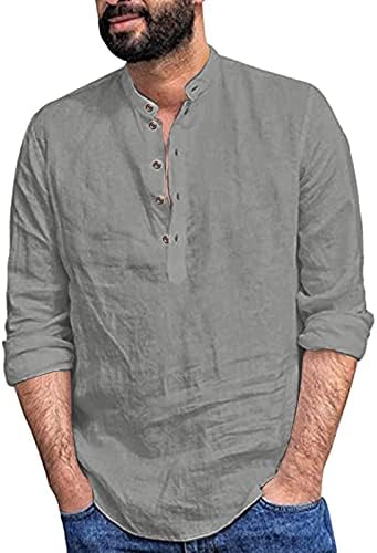 Tampo de blusa longa de algodão e linho e linho para homens Henley v pescoço camisa de manga longa hippie camisetas de praia casual