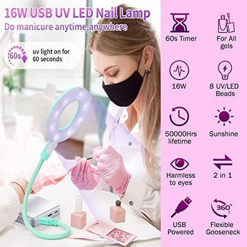 Lishumei USB UV luminárias LED luminárias 16W Mini unhas Lâmpada de lâmpada para unhas de gel, 8 contas UV/LED cordão de ganso