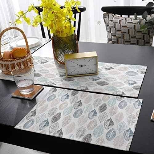 Folhas Placemat com mesa de linho de linho de algodão combinando conjunto de tampa de capa, folha cinza de capa cinza azul geométrica