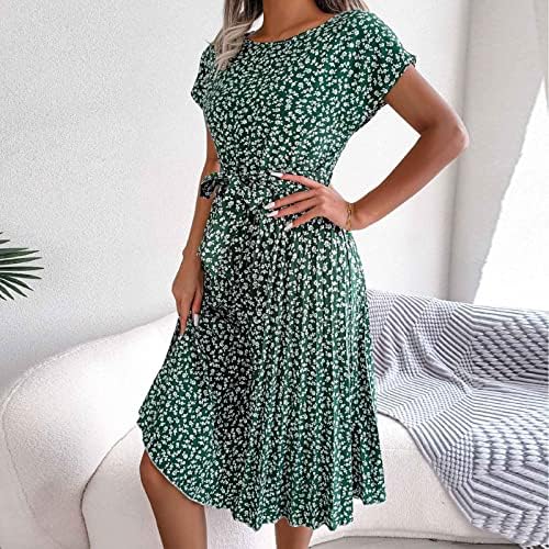 Vestidos femininos Casual verão boho tripulação pescoço curto gravata de manga curta Vestido de midi fluido solto fluido