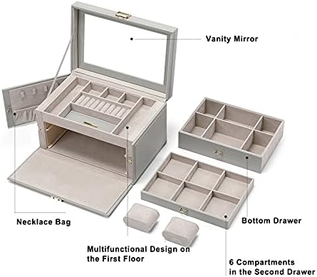 Caixa de jóias de jóias de lesões caixas de jóias de couro PU com 2 gavetas de grande capacidade Organizador de jóias Caixa de