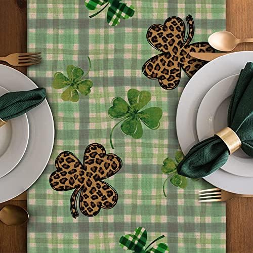 Seliem St. Patrick's Day Shamrock Green Buffalo Plaid Check Table Runner, Decoração de férias de lenço de cachecol de vaso de trevo de leopardo, decoração sazonal da fazenda Decorações de refeições em festa 13x72