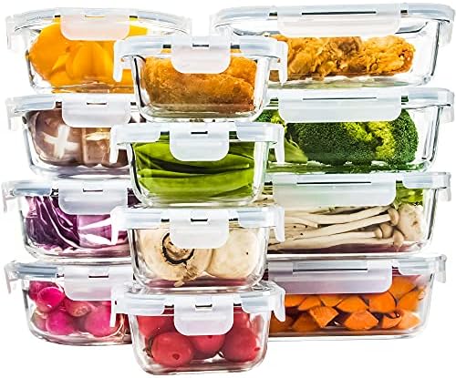 YARYOUNG 12 Pack Glass Alimentos Storage recipientes, recipientes de preparação para refeições de vidro com tampas à prova de vazamentos,