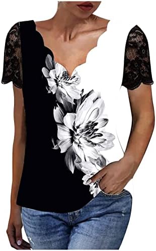 Mulheres Patchwork Tops Prints Tops Tees Short Sheer Sleeve Deep V Scoop Scoop Lace Lace Casual Fall Summer Tops Roupos Dy