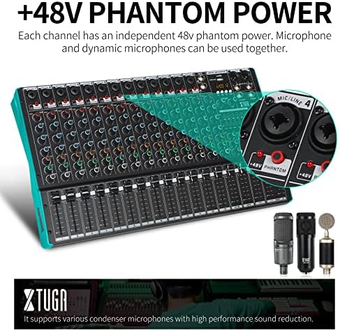 Xtuga TS15 Profissional 15 canal Mixer de áudio com 99 efeitos DSP, EQ de 7 bandas, Independent 48V Phantom Power & Mudo Button, Função Bluetooth, Gravação de Interface USB para Studio/DJ estágio/festa