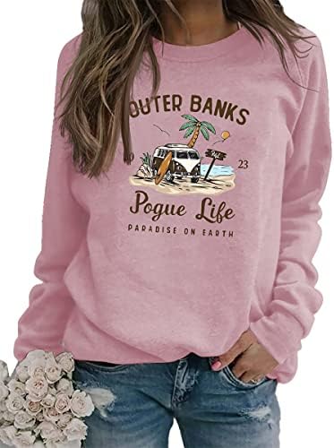 UGTQEYD Outer Banks Pogue Life Sweatshirt para mulheres Pullover de manga comprida Tops engraçados Carta de impressão de tripulante Top Top camiseta