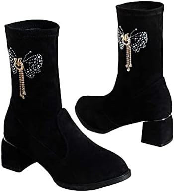 Sinzelimin Boots Womens Boots Fashion Fashion Rhinestone Applique Snow Booties Chunky High Round-Toe Bot de Combate