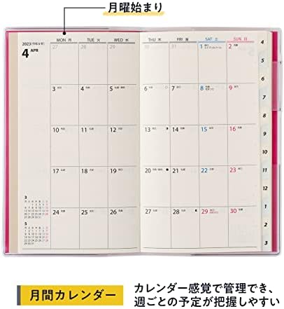 Noritsu Nolty 9934 Monthly Slim Planner, começa em abril de 2023, começa às segundas -feiras, magenta rosa