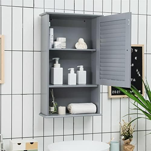 N/A Armário de armazenamento montado na parede do banheiro com porta única com prateleira ajustável em altura cinza