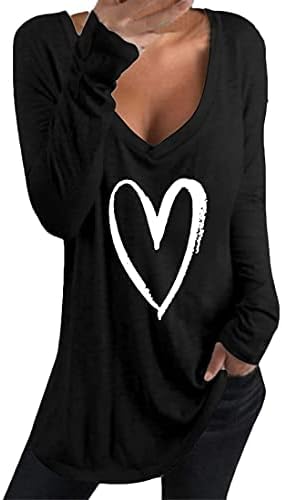 Andongnywell Casual Casual para feminino Camiseta de impressão de coração Tops de mangas compridas Túnicas de blusa