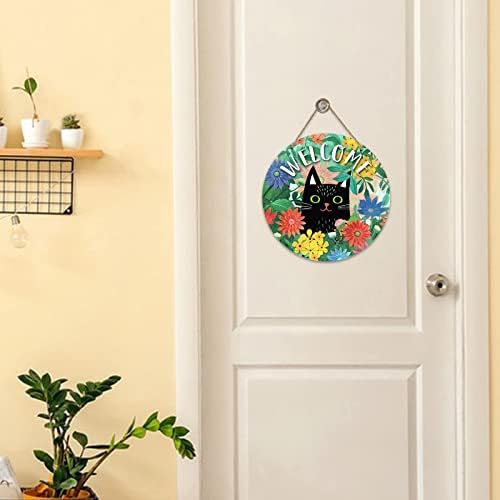 Deroro bem -vindo a primavera Black Cat Sign Para decoração da porta da frente, Daisy Flowers Floral Wood Door Pomer para varanda externa ao ar livre, sazonal Summer Farmhouse de grinaldora de madeira Decoração de pendura de parede interna