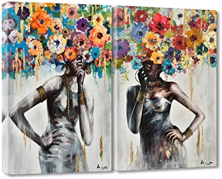 Pintura de arte impressa na moda com damas pretas americanas, arte moderna afro -americana arte de parede flores de flores