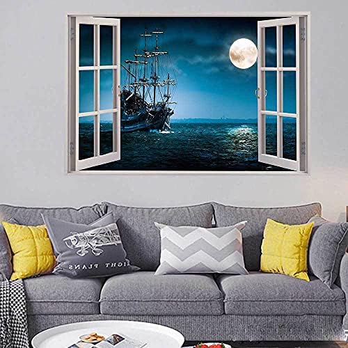 Adesivo de parede de janelas falsas 3D, piratas removíveis para barco de barco oceano lua com decalques de parede de janelas faux para crianças decoração da sala de estar, 23.6x17,3 polegadas
