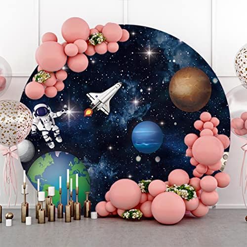 Yeele 7.5x7.5ft Espaço externo Rocket Astronauta Round Cenário da capa do universo Planet Galaxy Stars Photoshoot Backgrody for Baby Boy Kids Birthday Party Cake Table Banner Banner Photo Booth adereços