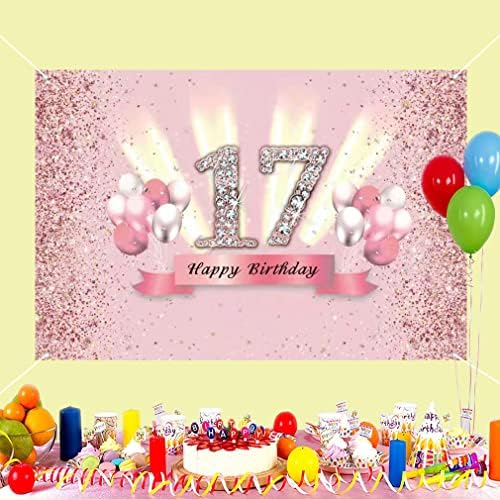 Decorações de aniversário de 17º aniversário para meninas felizes no 17º aniversário Banner Party Deco Girl de 17 anos,