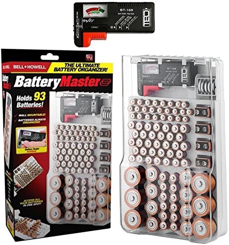 Bell+Howell Battery Master Battery Organizer Storage com cobertura clara e testador de bateria removível segura 93 baterias para AA,