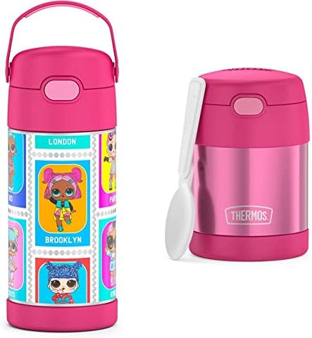 Thermos FuntainTer 12 onças de aço inoxidável a vácuo garrafa de palha, L.O.L Surpresa e FuntainTer 10 onça Jarra de comida, rosa com colher