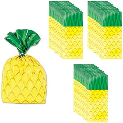 Beistle 75 peças Tropical Treat Favor Sacos - Luau Party Pineapple Cello Candy Bags com laços de torção