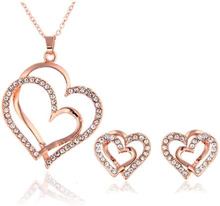 14k Gold rosa prata prata dupla em forma de coração Colar em forma de cristal brilhante brinco de jóias de casamento Conjunto