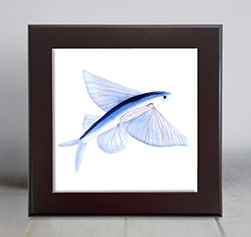 Telha decorativa de arte em aquarela de peixe voador