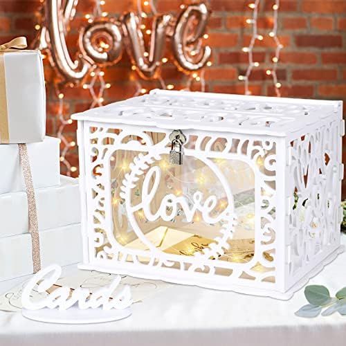 Caixa de cartão de casamento branca de broca DIY com luzes de trava e cordas, caixa de graduação da caixa de cartões PVC, perfeita