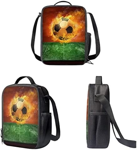 Bola de futebol queimando Amzprint 3pc Backpack Conjunto para garotos para crianças de volta à escola de 17 polegadas Backpack de futebol leve