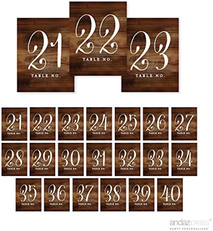ANDAZ Pressione números 21-40 em papel perfurado, estampa de madeira rústica, 4,25 x 5,5 polegadas de cartolina, 1 set, para casamentos, festas de aniversário