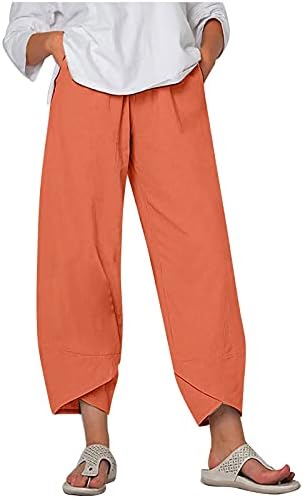 Calças de linho de algodão Womens Summer Summer Casual Capri -Pants com bolsos High Wistist