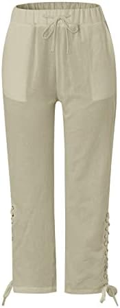 Calça casual feminina linho de algodão alta cintura capris calça de cordão de grama