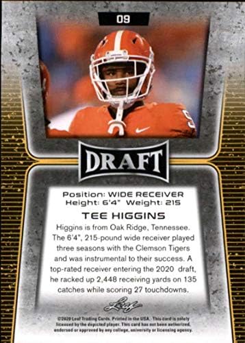 2020 LEAF DRAFT GOLD 9 TEE HIGGINS RC ROOKIE CLEMSON TIGERS FUTEBOL TRADING CARD