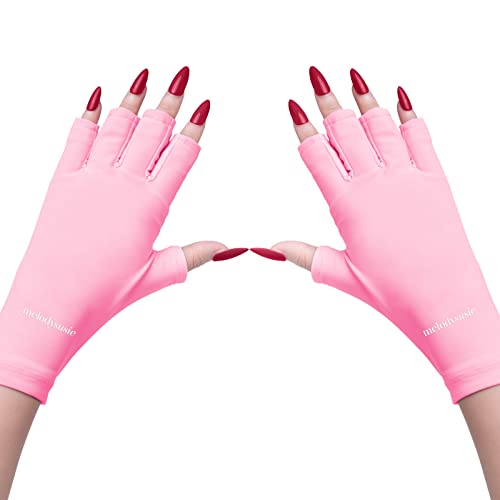 Melodysusie Anti -UV Luvas para lâmpada de unhas em gel, luvas de proteção profissional para manicures, luvas de escudo UV, luva sem dedos para cuidados com os dedos, proteger as mãos, uso ao ar livre em casa, uso roxo e rosa