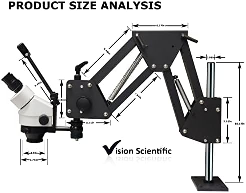 Vision Scientific VS-11e Binocular Zoom Microscópio multidirecional | 10x ocular de campo largo | 0,7x - 4,5x Faixa de zoom, 7x - 45x Faixa de ampliação | Micro-Inserts Stand com suporte de mola