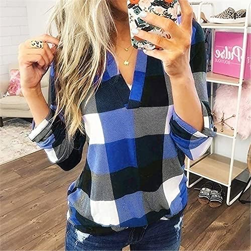 Shusuen Feminino Casual V de Manga Longa de Manga Longa Camisa Plaid Shaket Slim Classic-Fit Lightweight Shirt Top Top